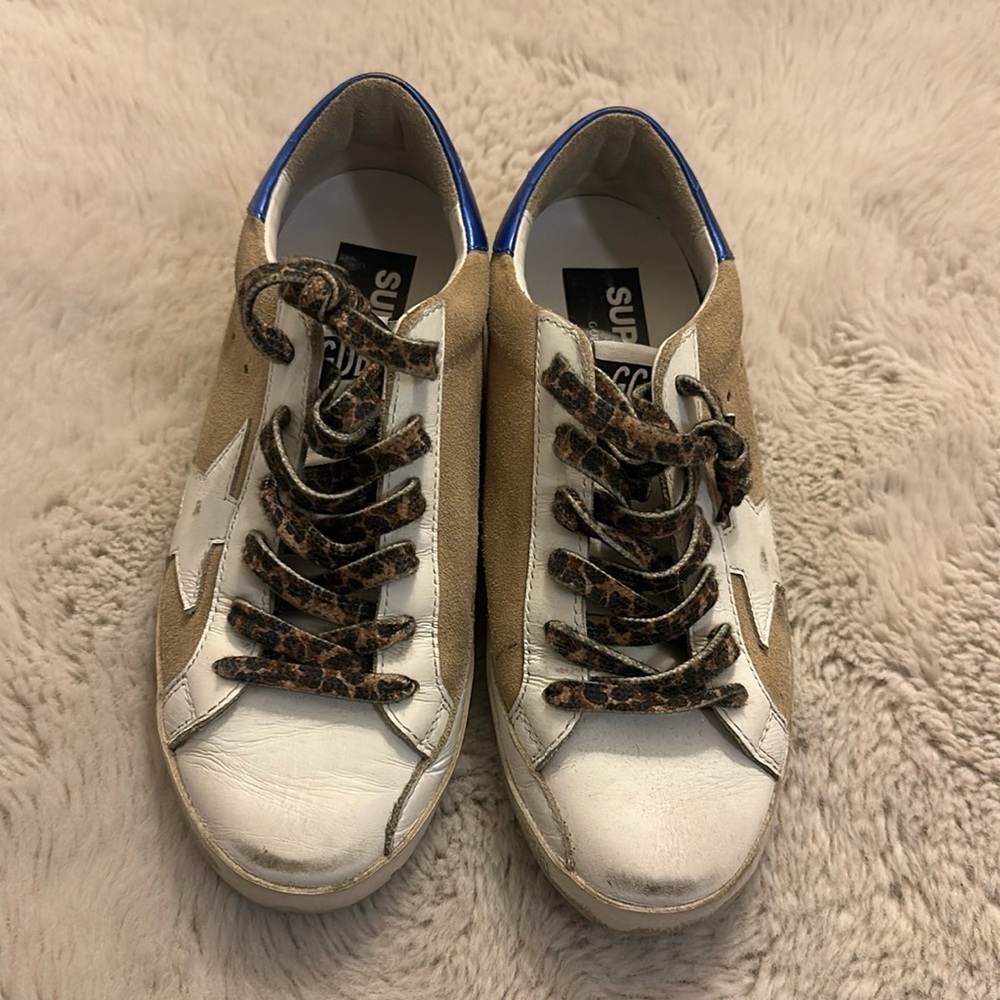 Golden goose tan/white sneakers